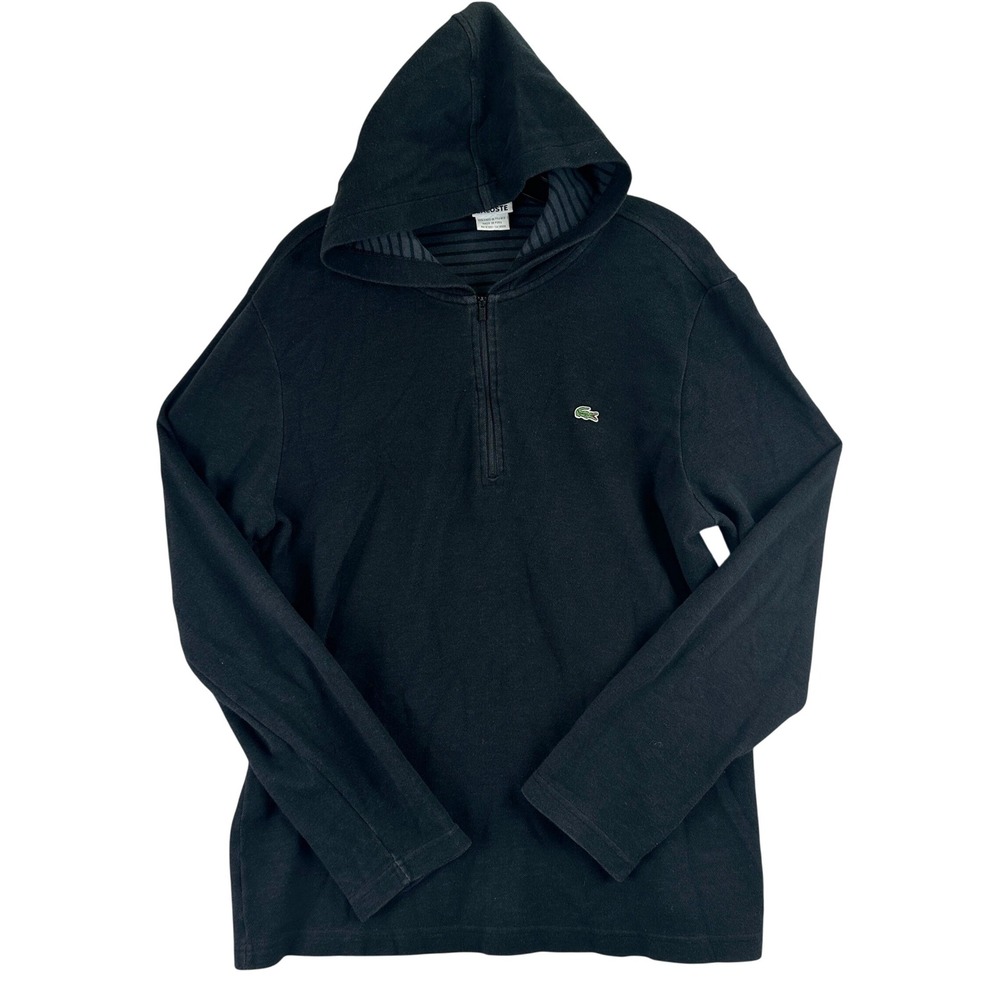 Lacoste Quarter Zip Hoodie Mens L‎ Black Embroidered Logo Sporty Preppy